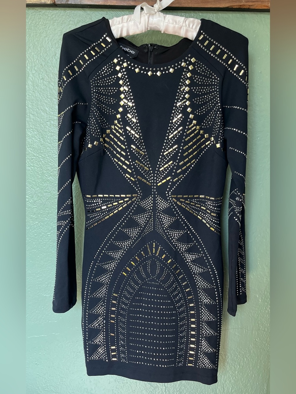bebe Y2K Black Long-Sleeve Studded Bodycon Dress with Gold Accents